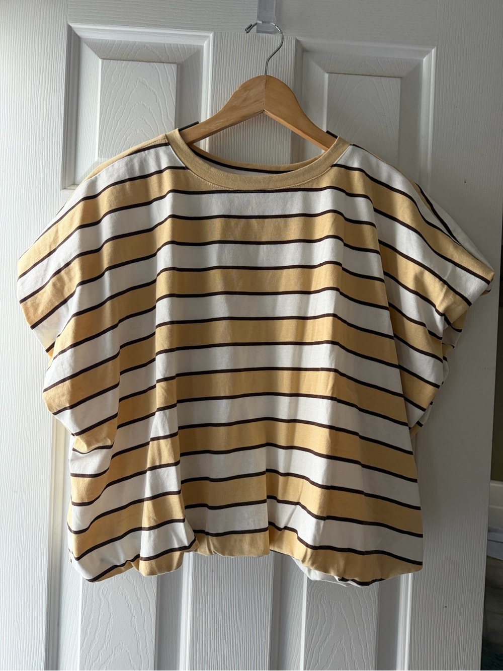Wishlist Yellow, Brown, & White Striped Boxy Short Sleeve Bubble Hem Tee